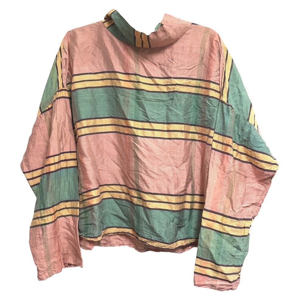 Japanalia Vintage‎ Striped Silk Mock Neck Top Pink Green Artisan Blouse Size M